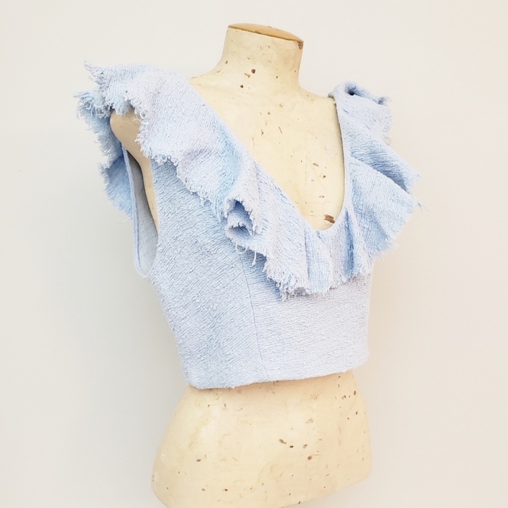 NWT Zara Blue Crop Textured Tweed Ruffle Sleeveless Top S